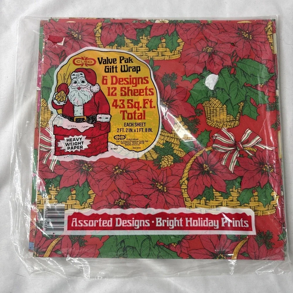 Vtg Lot Of 4 Christmas Wrapping Paper NOS Sealed 187 Sq Ft Total Red Poinsettia